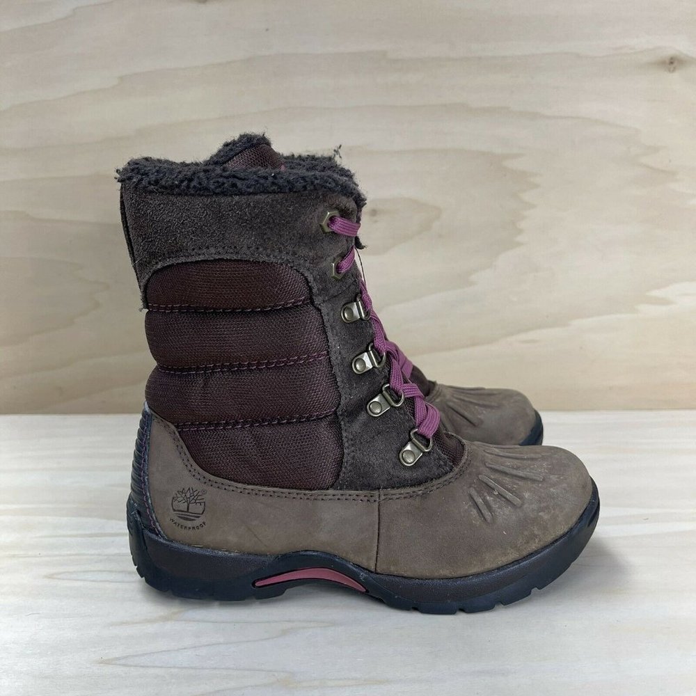 Timberland Girls Leather Waterproof Insulated Snow Boots Brown Lace Up 9391 Sz 1